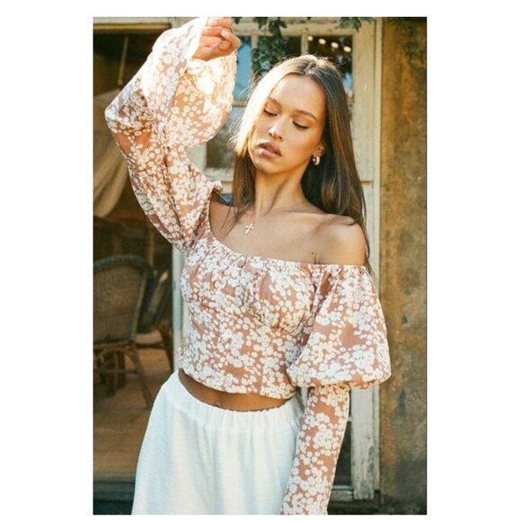 Sabo Floral Off Shoulder Puff Sleeve Crop Top, S, Terracotta - Picture 1 of 8
